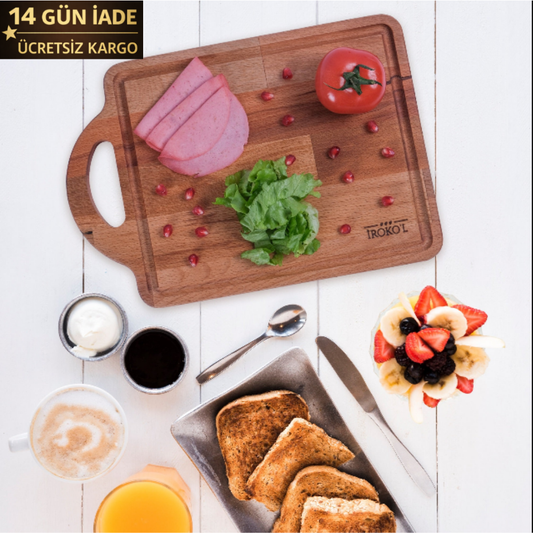 İROKO'L Doğal Masif Kayın Ahşap Kesme ve Sunum Tahtası 33x23 cm Saplı Antibakteriyel Mutfak Gereci