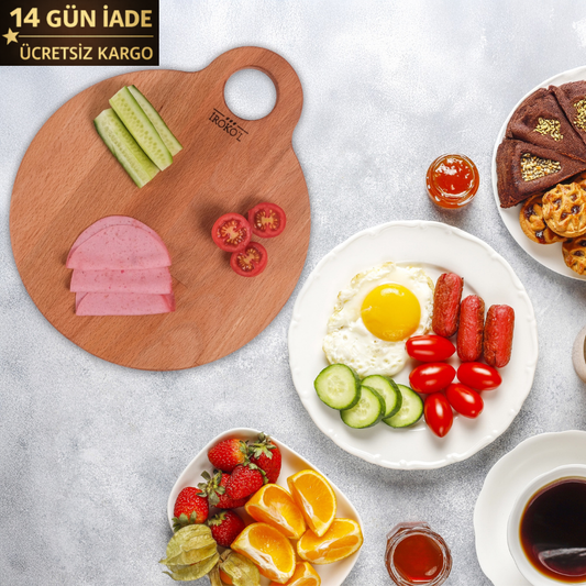 İROKO'L Ahşap Yuvarlak Kesme ve Sunum Tahtası Delikli – 28x23 cm, Doğal Kayın Ağacı