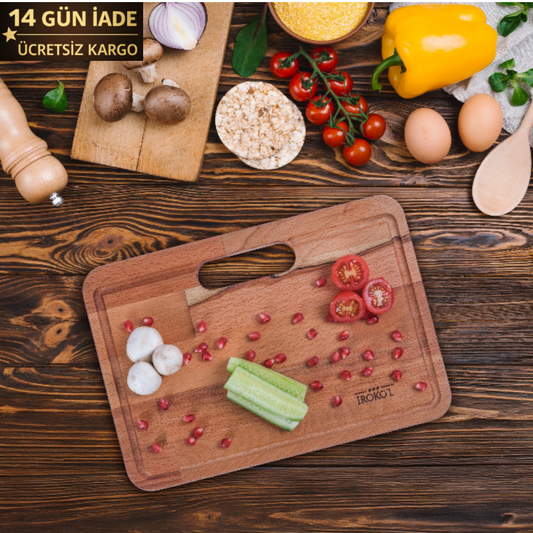 İROKO'L Premium Ahşap Kesme ve Sunum Tahtası 33x23cm Masif Kayın Mutfak Doğrama Bloğu