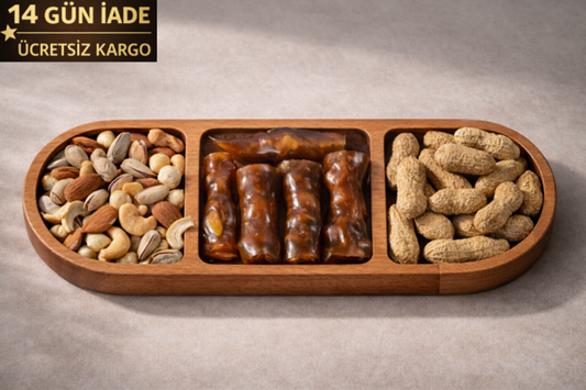 El Yapımı Ahşap Çerezlik – 3 Bölmeli Sunum Tabağı